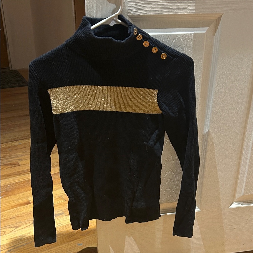 Lauren Ralph Lauren Black and Gold Buttoned Turtleneck Sweater